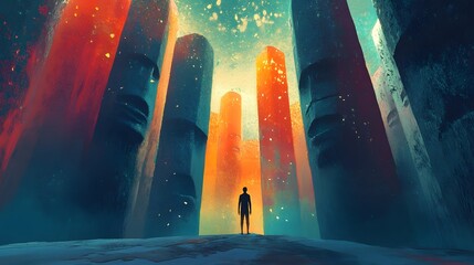A solitary figure stands before colossal vibrant structures