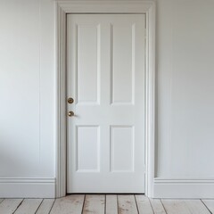a minimalist bedroom with a white wooden door, neutral tones, soft bedding, and natural light, exuding simplicity and tranquility.