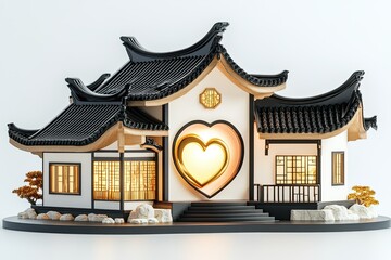 Fototapeta premium Illuminated Asian Style House with Heart Shaped Window