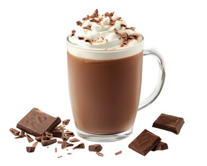 delicious cup of hot chocolate topped with whipped cream and chocolate shavings, surrounded by chocolate pieces, perfect for cozy treat