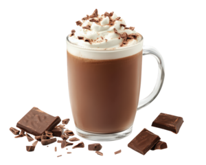 delicious cup of hot chocolate topped with whipped cream and chocolate shavings, surrounded by chocolate pieces, perfect for cozy treat