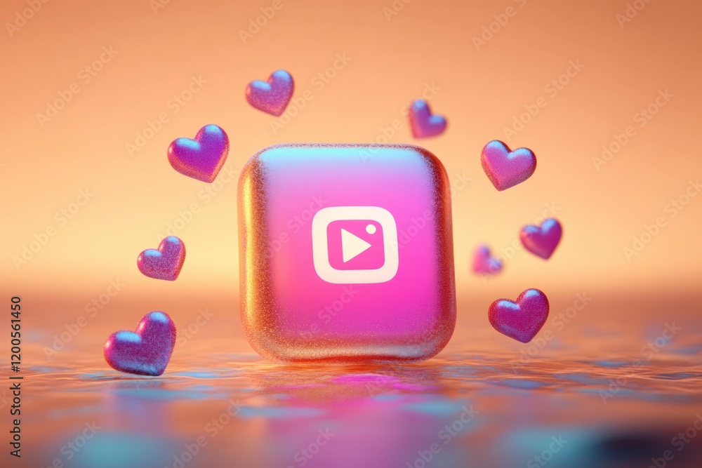 Poster 3d social media application logo background with heart notifications and bokeh lighting