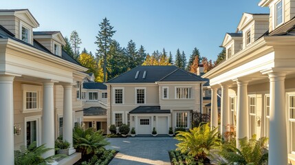 Fototapeta premium A stunning home with creamy walls, expansive windows, and detailed white columns at each entrance