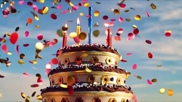 A delicious birthday cake with animated candles and fireworks, accompanied by colorful metallic confetti.
