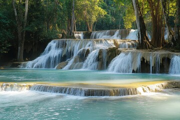 Serene Tropical Landscape Featuring Cascading Waterfalls and Clear Blue Pools in a Lush Green Forest Setting Perfect for Nature Lovers and Adventure Seekers