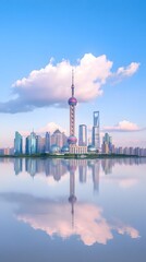Naklejka premium A stunning view of Shanghai's skyline reflecting on the water under a blue sky.