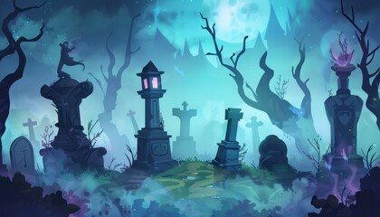 A spooky graveyard with tombstones, a full moon, and a mysterious glowing light.