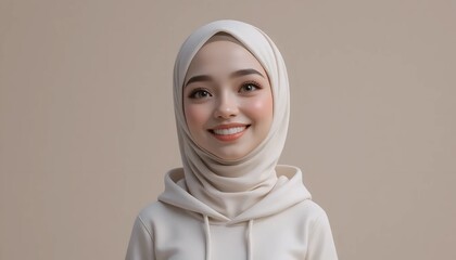 3D Claymorphism Illustration of a  Woman in Hijab with Radiant Smile in White Hoodie on Plain Background