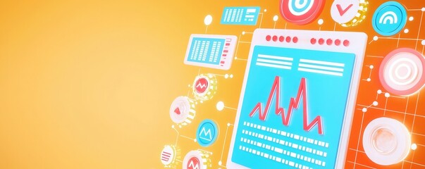 Fototapeta premium A vibrant digital interface showcasing analytical data, graphs, and metrics against an orange background, highlighting technology and innovation.