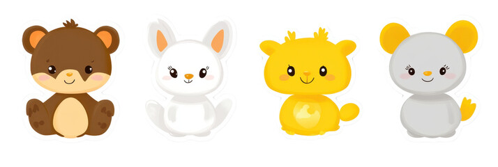 Fototapeta premium Cute cartoon animals including bear, rabbit, giraffe, and mouse, perfect for children designs and illustrations. These adorable characters bring joy and playfulness to any project