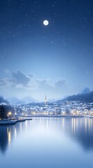 Snowy town at night under a full moon, creating a magical winter atmosphere.