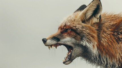 a dynamic close-up of a snarling red fox with its sharp teeth exposed, capturing the wild intensity and natural ferocity.
