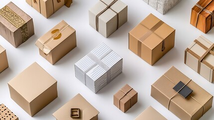 Fototapeta premium Different types of cardboard boxes for shipping displayed on a white background mockup.