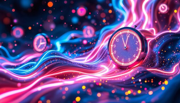 Time flow concept. Abstract clocks with neon light trails, futuristic digital background.