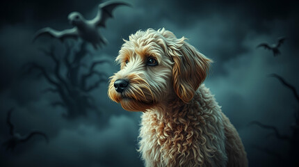 Adorable poodle puppy sitting in the rain at night with fluffy curly fur