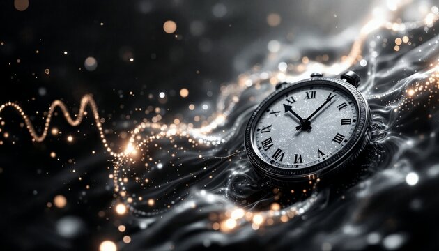 Time, abstract concept. Clock on a background of abstract waves and lights.