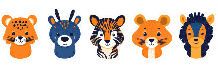 Fototapeta premium Cute cartoon animal stickers featuring leopard, deer, tiger, lion, and bear, perfect for adding playful touch to any project