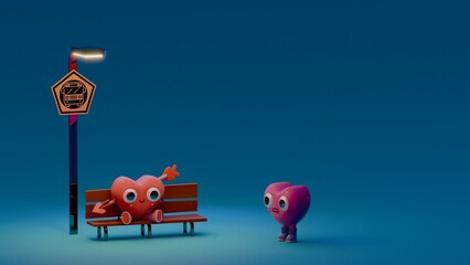 Cute Heart Characters at a Bus Stop at Night