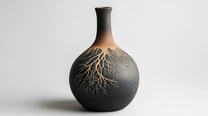 Elegant Black Ceramic Vase with Intricate Tree Root Design