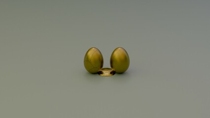 Two golden eggs placed on a smooth surface with one intact and one cracked were they are symbolizing duality with their contrast but also the balance between strength and vulnerability