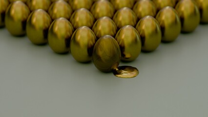 Cracked golden egg in focus with rows of eggs blurred in the background