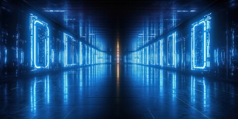 Futuristic Cyberpunk Room Neon Lights Glowing Blue Text High Contrast Shadows 3D Rendering Modern Space Gaming Background