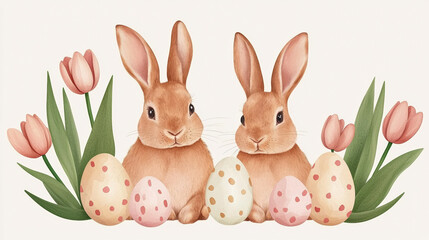 Obraz premium Two cute rabbits sit among colorful, decorated eggs and tulips, creating a cheerful spring scene.