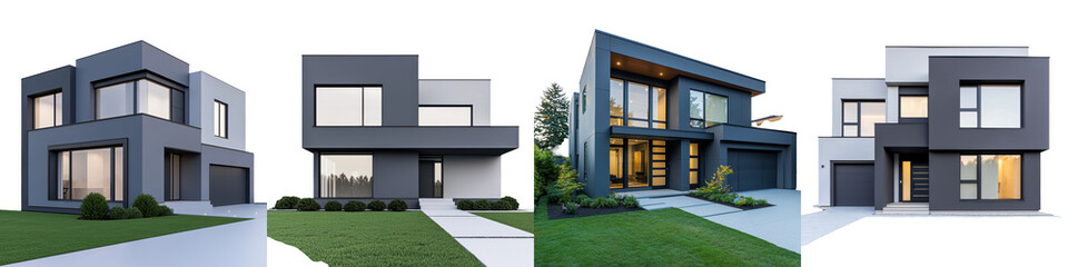 Luxurious modern villa with sleek architectural design features such as clean lines large windows and a mix of concrete glass and wood materials  The home is surrounded by lush landscaping