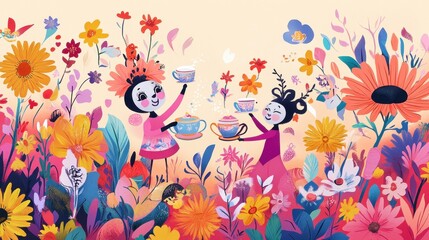 Fototapeta premium Two whimsical characters enjoy tea amidst vibrant flowers