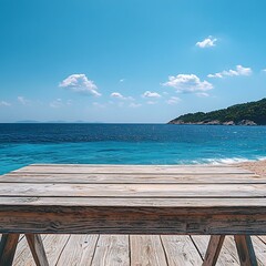 Fototapeta premium A beautifully detailed image of a wooden table with a scenic sea island and expansive blue sky behind it.