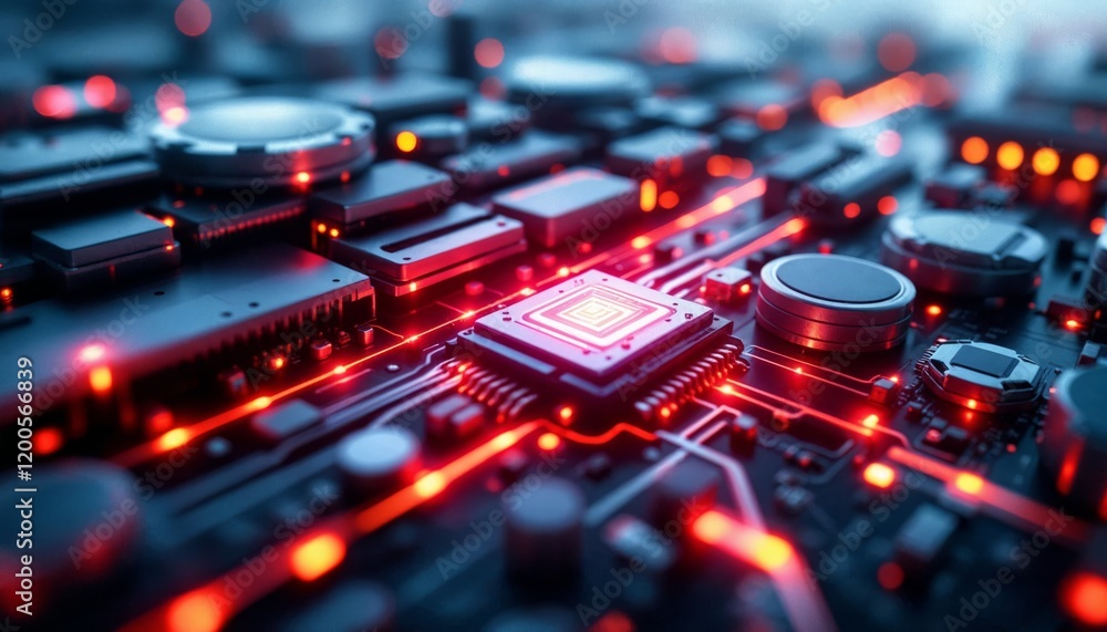 Poster circuit board with microchip, computer hardware. concept of technology, digital, and artificial inte