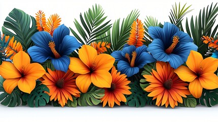 Fototapeta premium Vibrant Tropical Flowers and Lush Green Leaves Summer Design