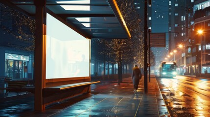 Fototapeta premium Depict a nighttime cityscape with a modern bus stop, The primary element should be a large