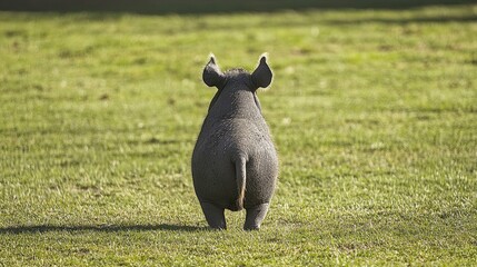 Viewed from behind, a warthog stands on grass.