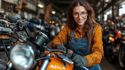 Smiling woman in denim overalls working on a motorcycle in a workshop, surrounded by tools and other bikes, showcasing creativity and mechanical skills in a vibrant garage setting.