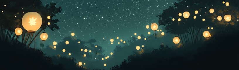 Enchanted Forest at Night with Glowing Lanterns and Stars
