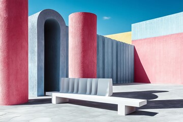 Modern White Bench in a Pastel Architectural Setting