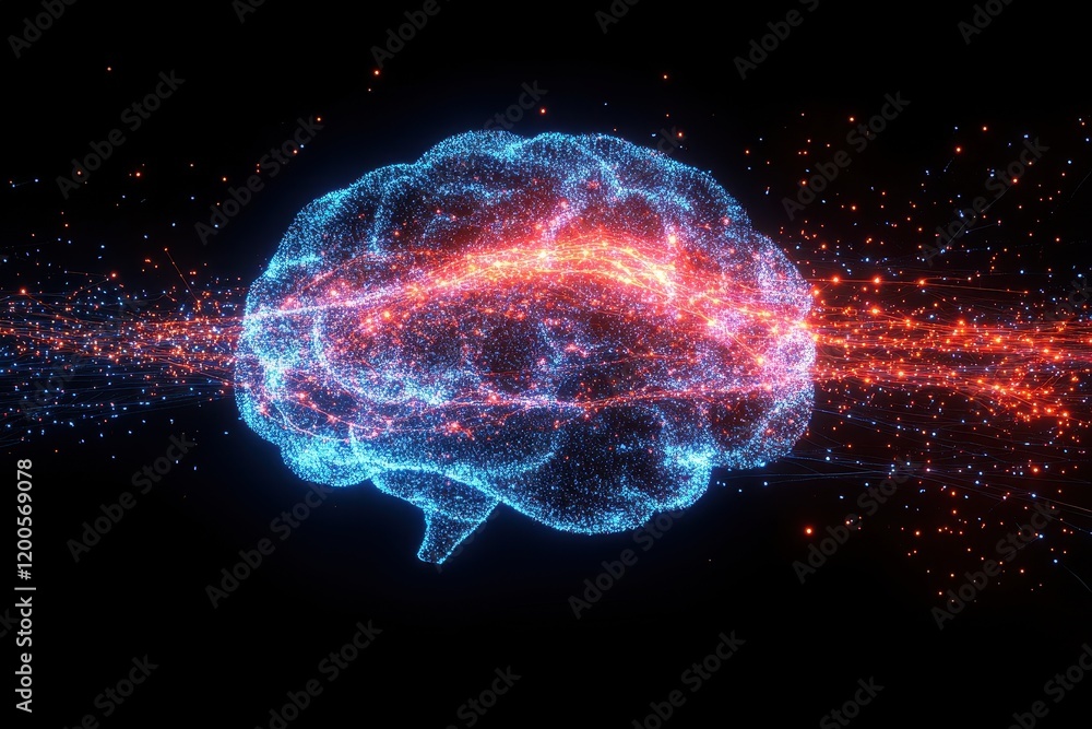 Poster abstract glowing brain with energy streams. illustrates neural network, ai, or data processing.