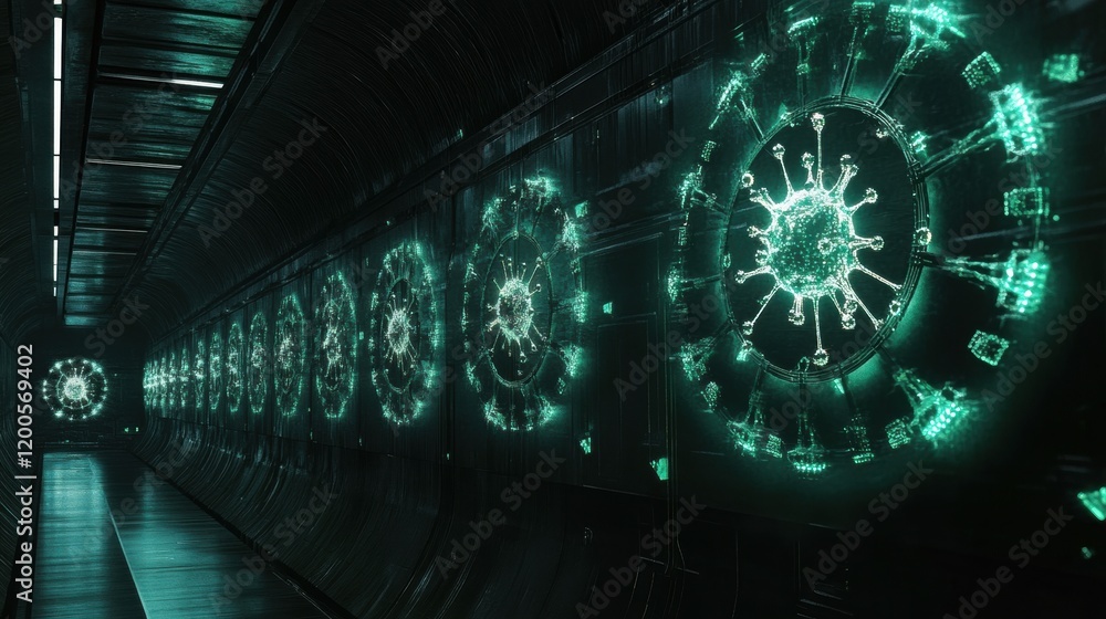 Poster strong glowing wall acts as a barrier to deflect viruses in a futuristic environment. generative ai