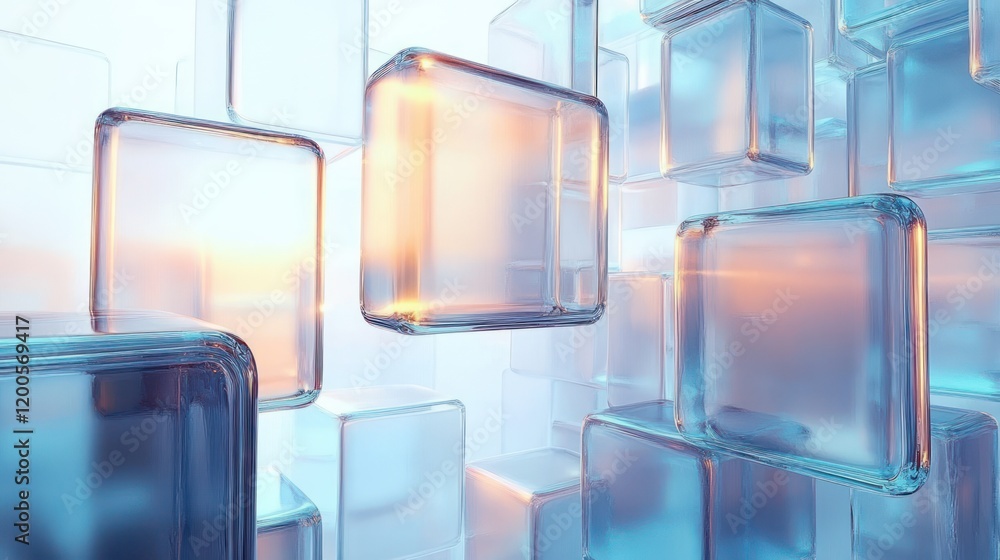 Poster floating translucent squares in soft pastel colors with gentle backlighting