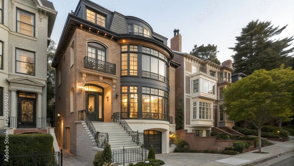 Poster upscale residence blends modern design with classic architecture in serene neighborhood. generative 