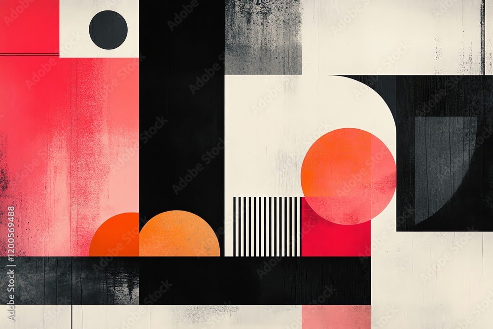 Poster abstract geometric composition: bold circles and textured rectangles in a modern style