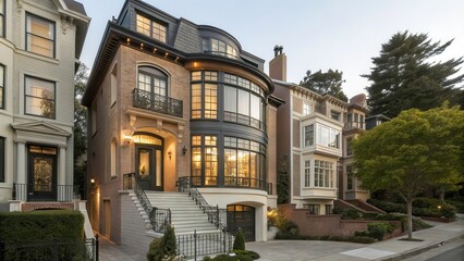 Naklejka premium Upscale Residence Blends Modern Design With Classic Architecture in Serene Neighborhood. Generative AI