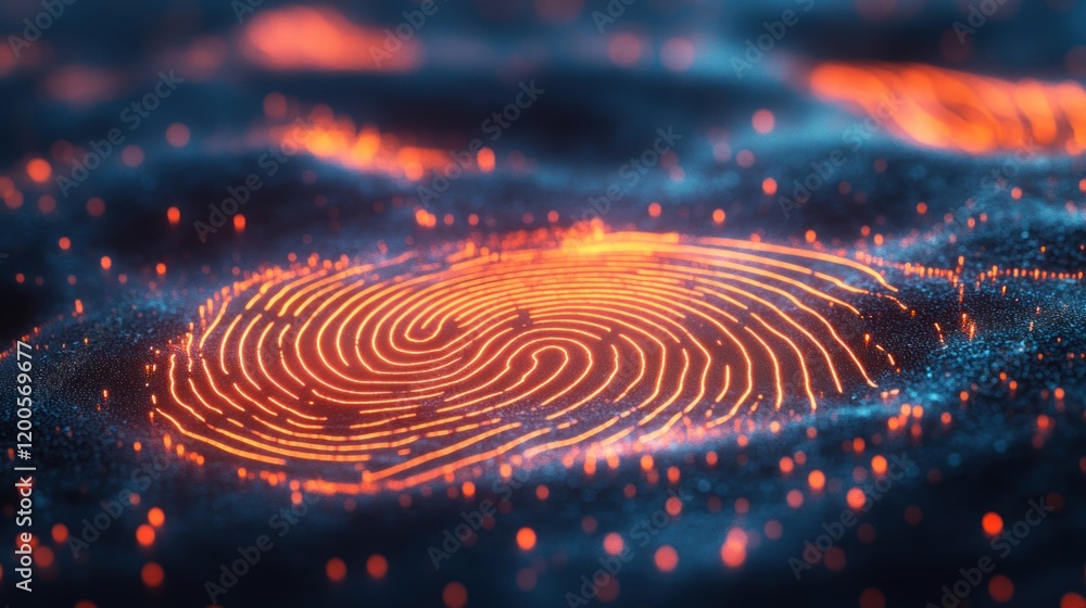 Poster abstract fingerprint: digital identity and security in a glowing, particle-based representation