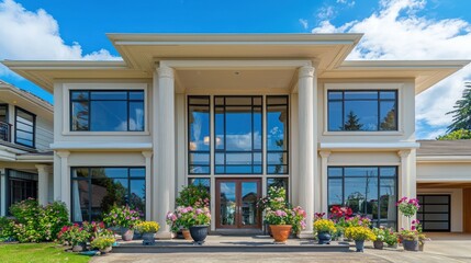 A stylish house with soft ivory walls, wide glass windows, and columns flanking each entrance