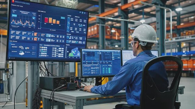 Industrial Monitoring: A focused engineer sits before a bank of large monitors displaying complex industrial data, overseeing operations in a modern factory setting.  