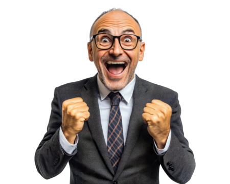 Happy businessman celebrating success with raised fists, wearing glasses and suit, isolated on transparency background, expressing joy and excitement