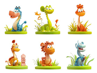 Fototapeta premium Cute smiling animated animals sitting on grass in colorful scene, featuring variety of playful characters that evoke joy and whimsy