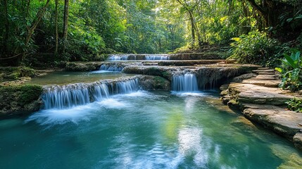 A peaceful stream meandering through verdant trees, encapsulating a quiet and alluring scene