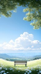 Obraz premium Serene landscape with a wooden bench in a lush green meadow under a blue sky.